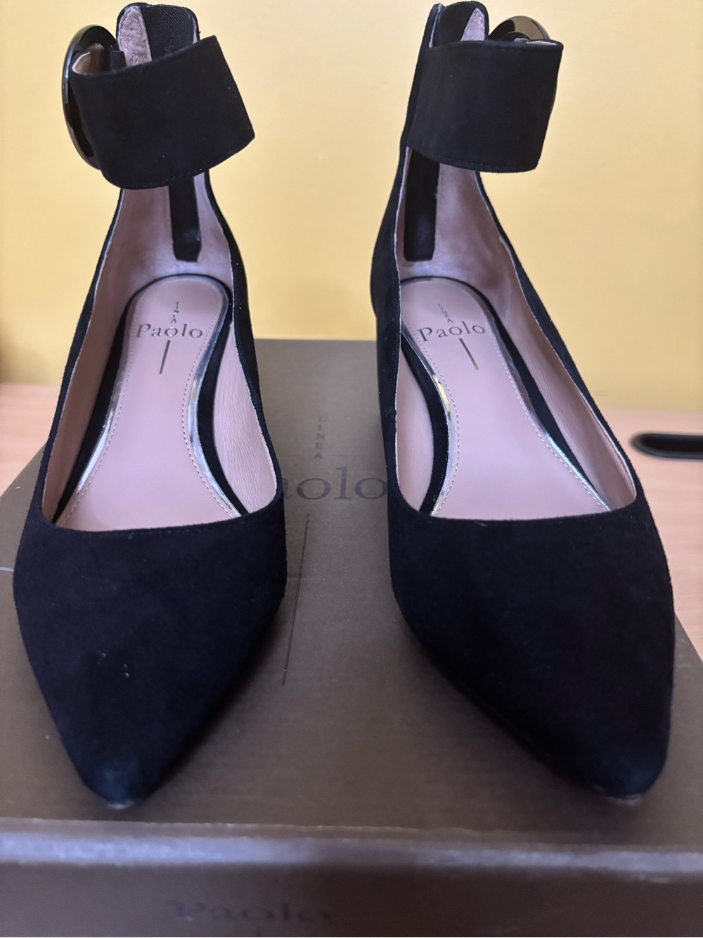 Linea Paolo Black Suede Pointed-Toe Ankle-Strap Pumps